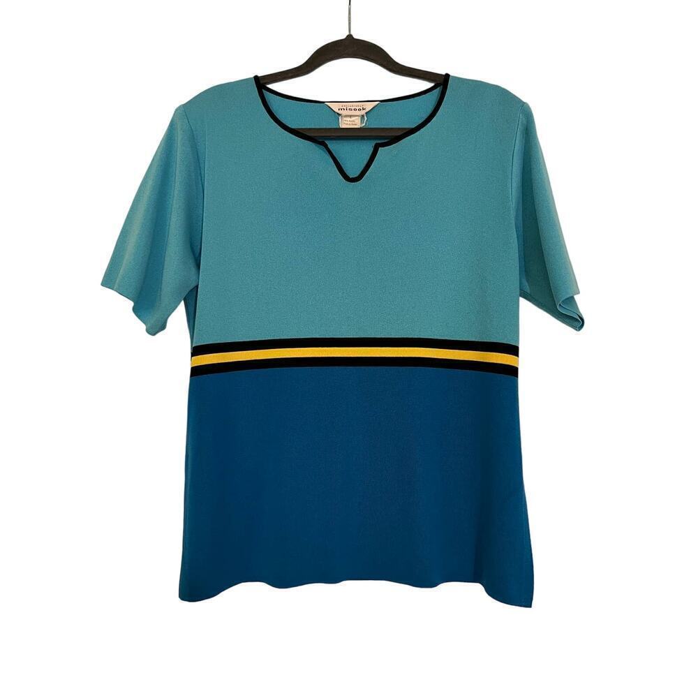 Exclusively Misook Blue Yellow Stripe Short Sleeve Top Sz L